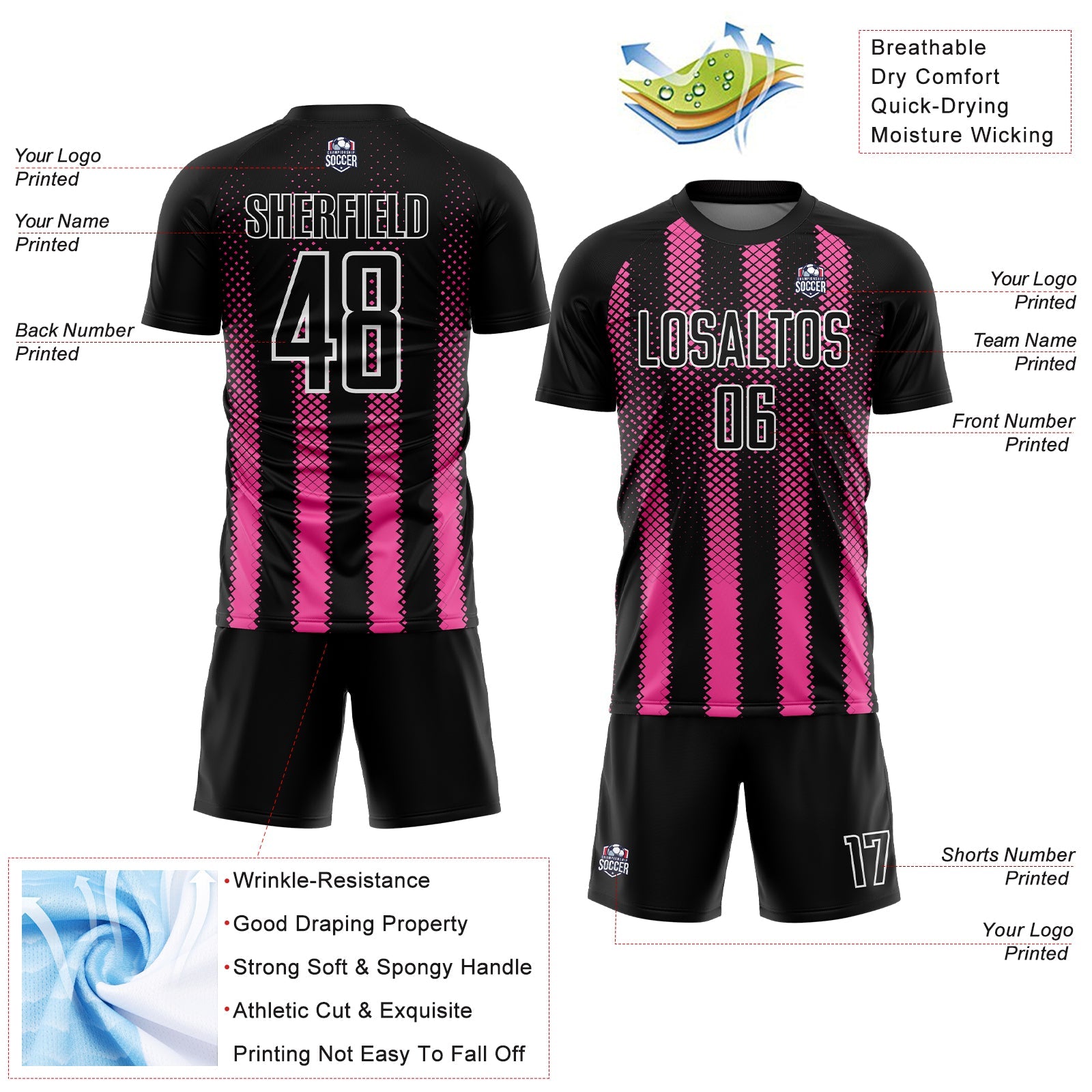Custom Black Pink-White Geometric Shape Sublimation Soccer Uniform Jersey - Sky-Custom