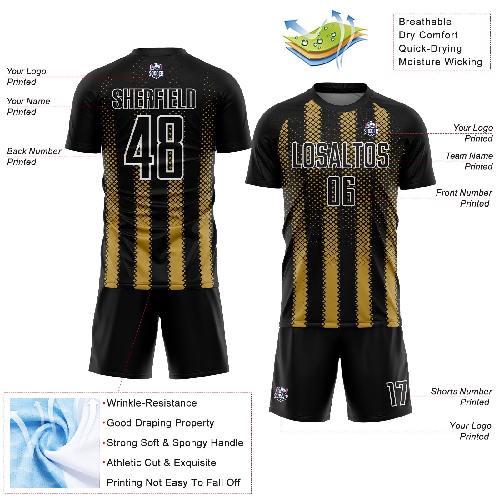 Custom Black Old Gold-White Geometric Shape Sublimation Soccer Uniform Jersey - Sky-Custom