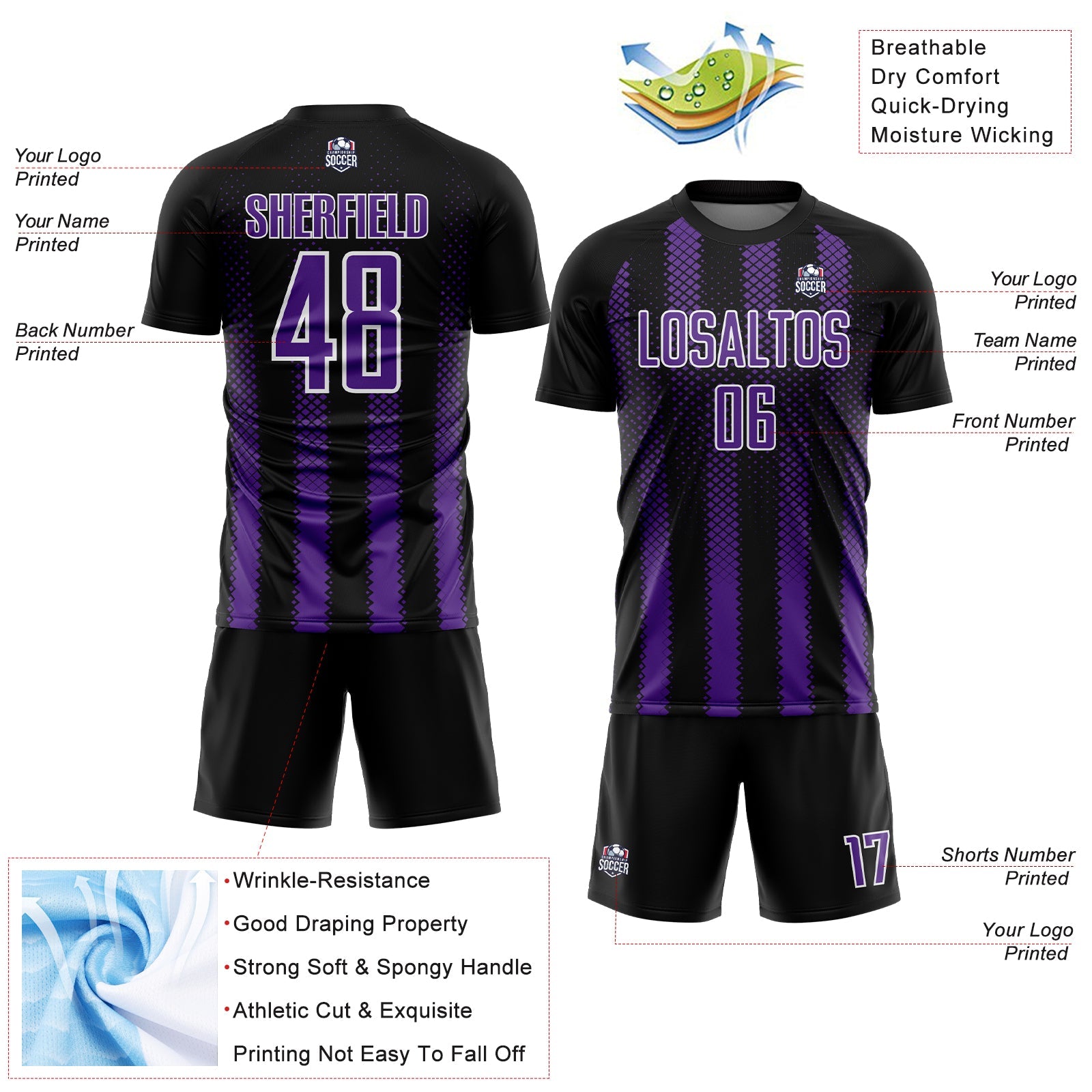 Custom Black Purple-White Geometric Shape Sublimation Soccer Uniform Jersey - Sky-Custom
