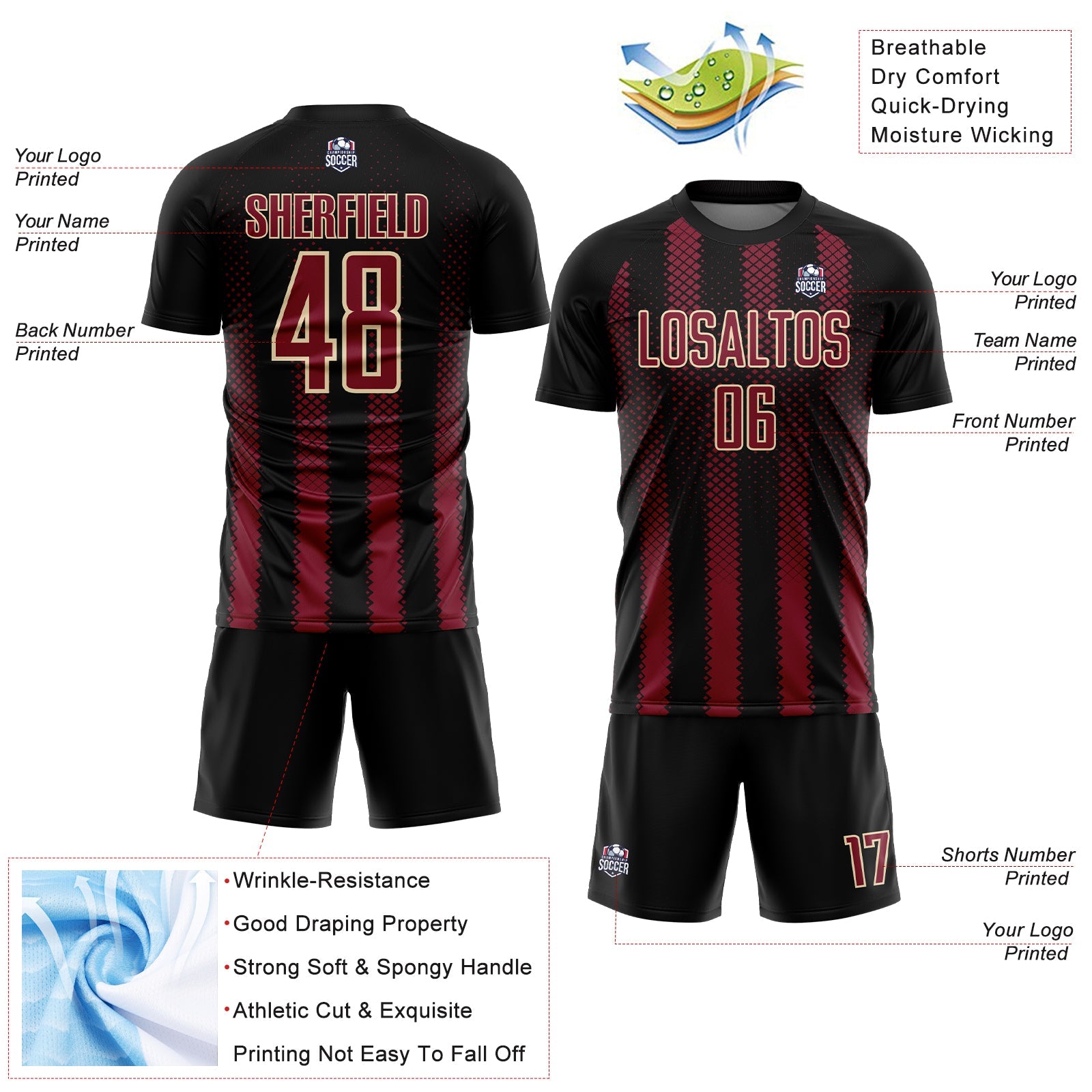 Custom Black Crimson-Cream Geometric Shape Sublimation Soccer Uniform Jersey - Sky-Custom