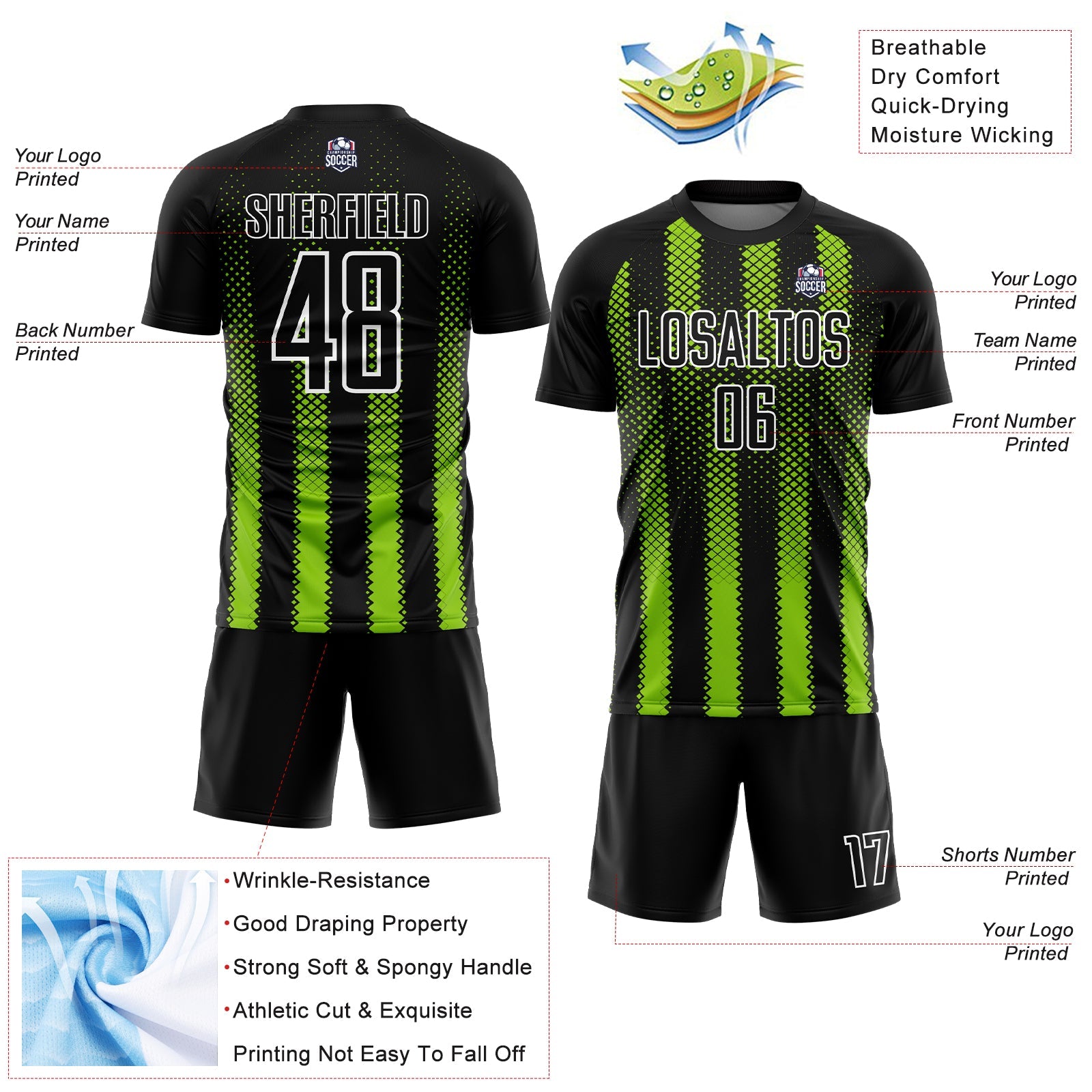 Custom Black Neon Green-White Geometric Shape Sublimation Soccer Uniform Jersey - Sky-Custom