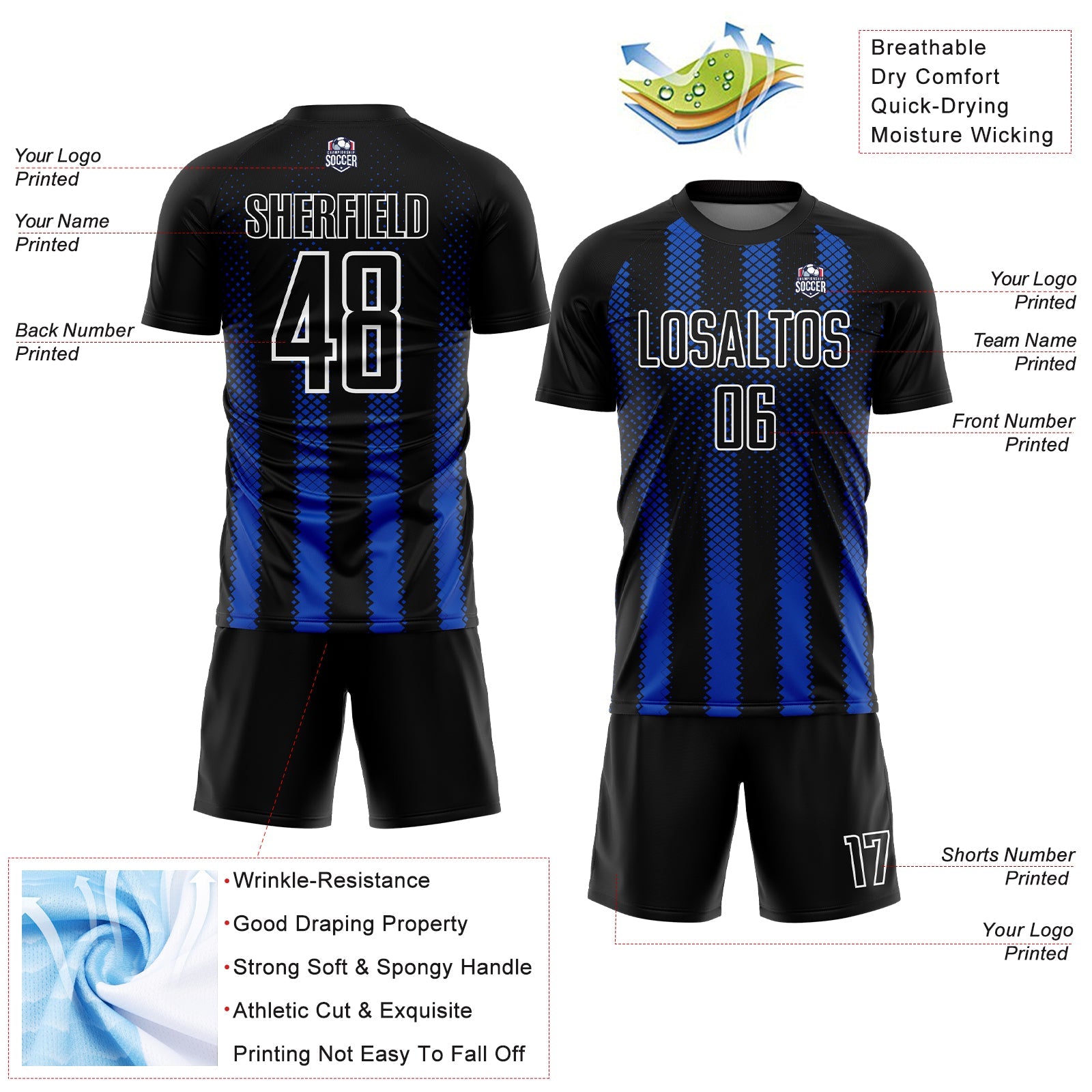Custom Black Thunder Blue-White Geometric Shape Sublimation Soccer Uniform Jersey - Sky-Custom