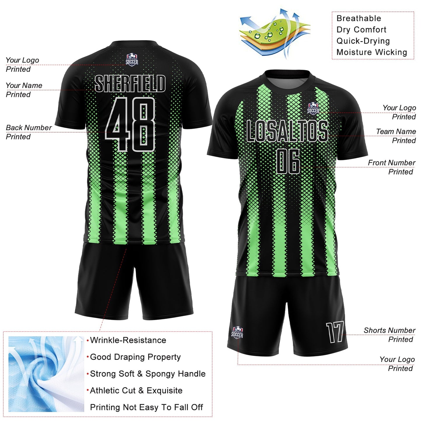 Custom Black Pea Green-White Geometric Shape Sublimation Soccer Uniform Jersey - Sky-Custom