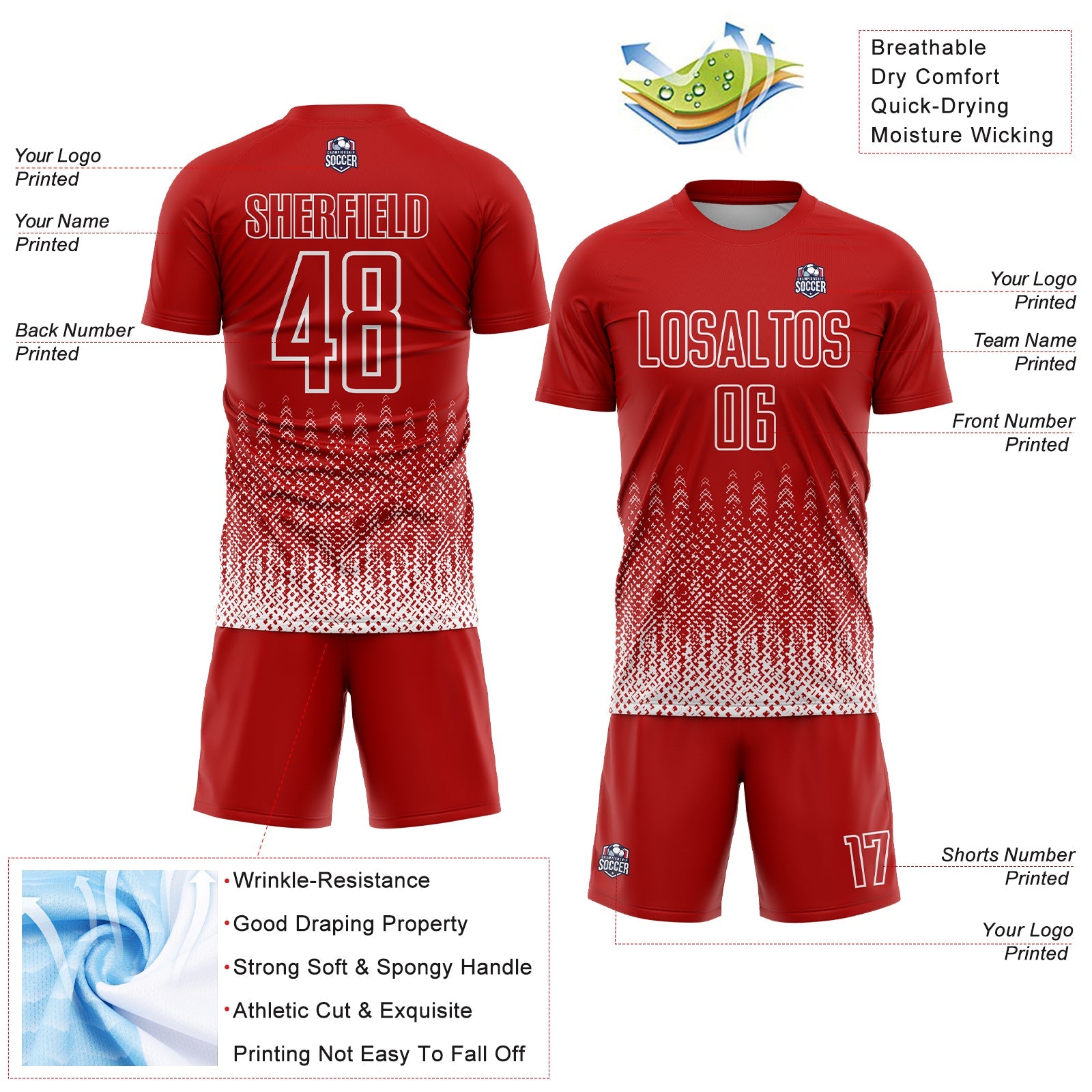 Custom Red White Geometric Shape Sublimation Soccer Uniform Jersey - Sky-Custom