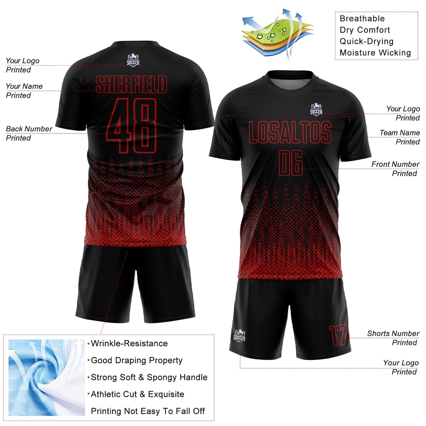 Custom Black Red Geometric Shape Sublimation Soccer Uniform Jersey - Sky-Custom