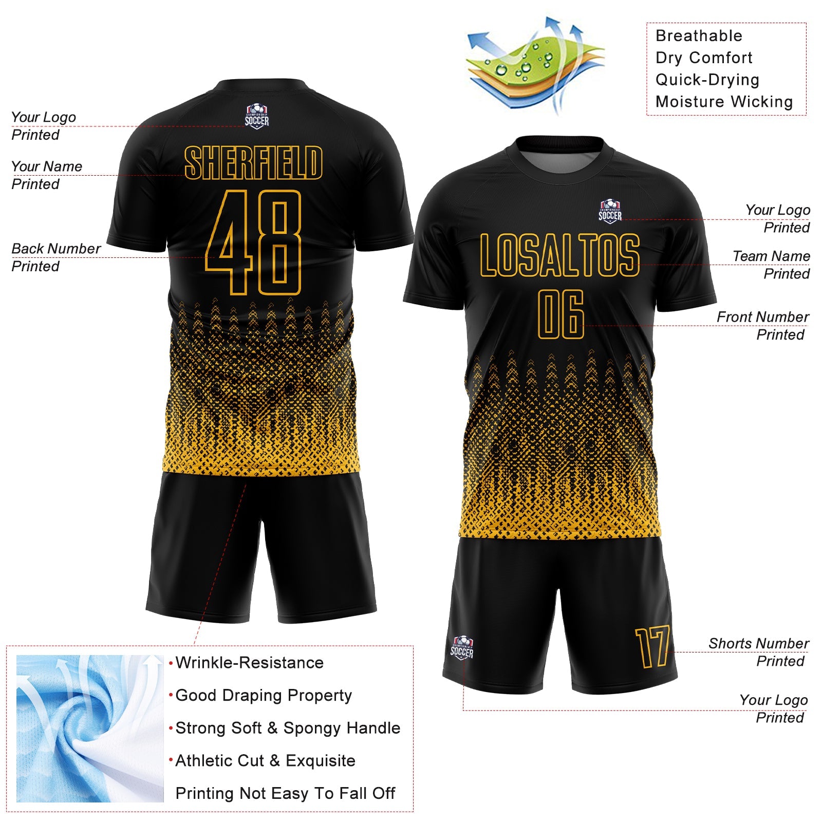 Custom Black Gold Geometric Shape Sublimation Soccer Uniform Jersey - Sky-Custom