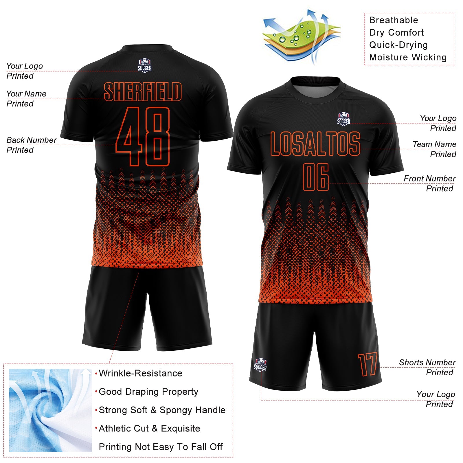 Custom Black Orange Geometric Shape Sublimation Soccer Uniform Jersey - Sky-Custom