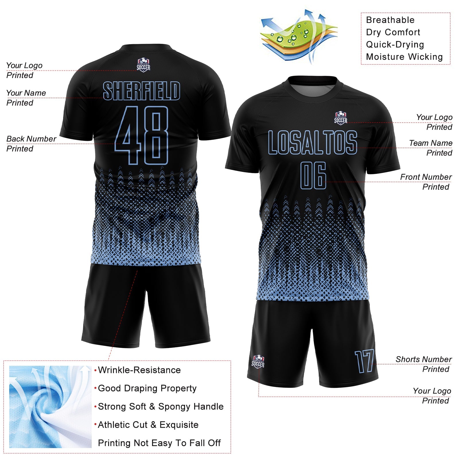 Custom Black Light Blue Geometric Shape Sublimation Soccer Uniform Jersey - Sky-Custom