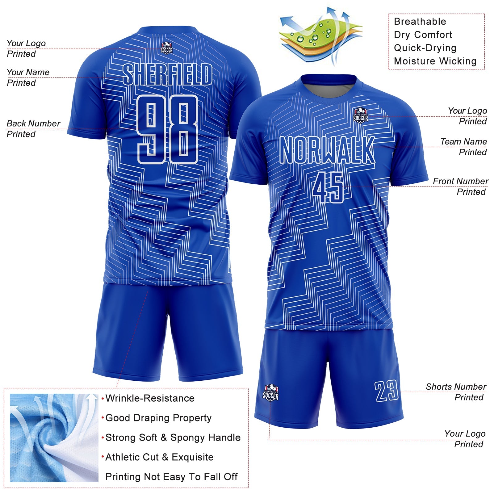 Custom Thunder Blue White Zigzag Shape Sublimation Soccer Uniform Jersey - Sky-Custom
