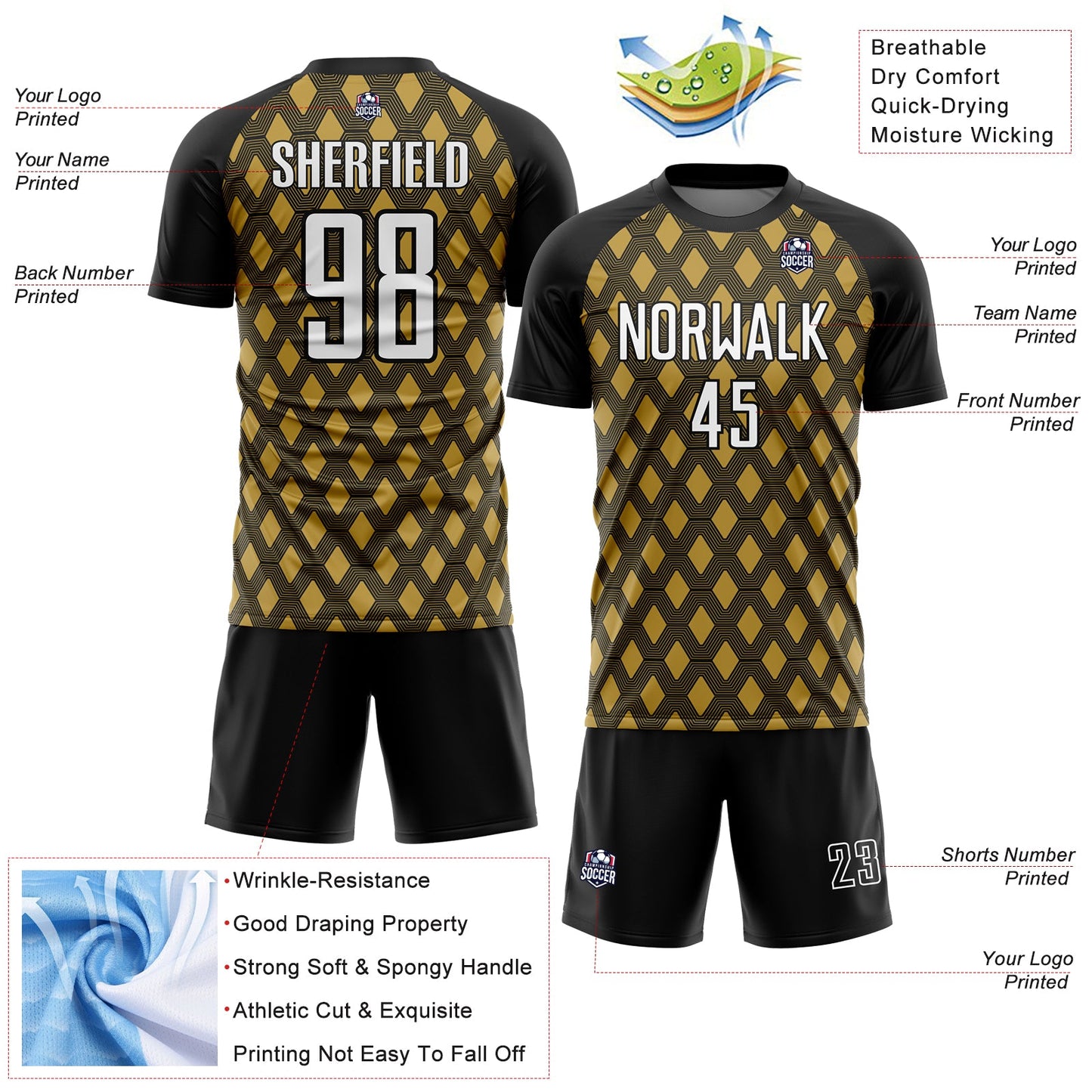 Custom Black White-Old Gold Geometric Shape Sublimation Soccer Uniform Jersey - Sky-Custom