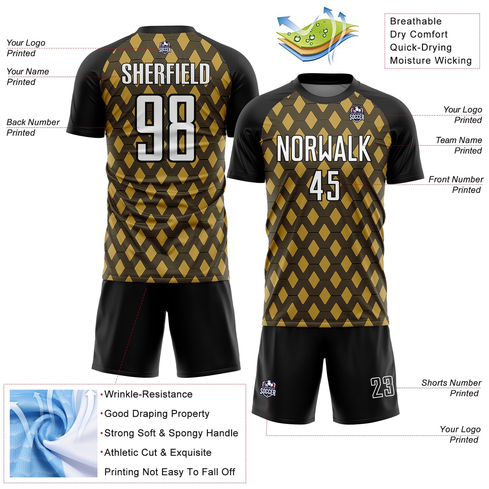 Custom Black White-Old Gold Geometric Shape Sublimation Soccer Uniform Jersey - Sky-Custom