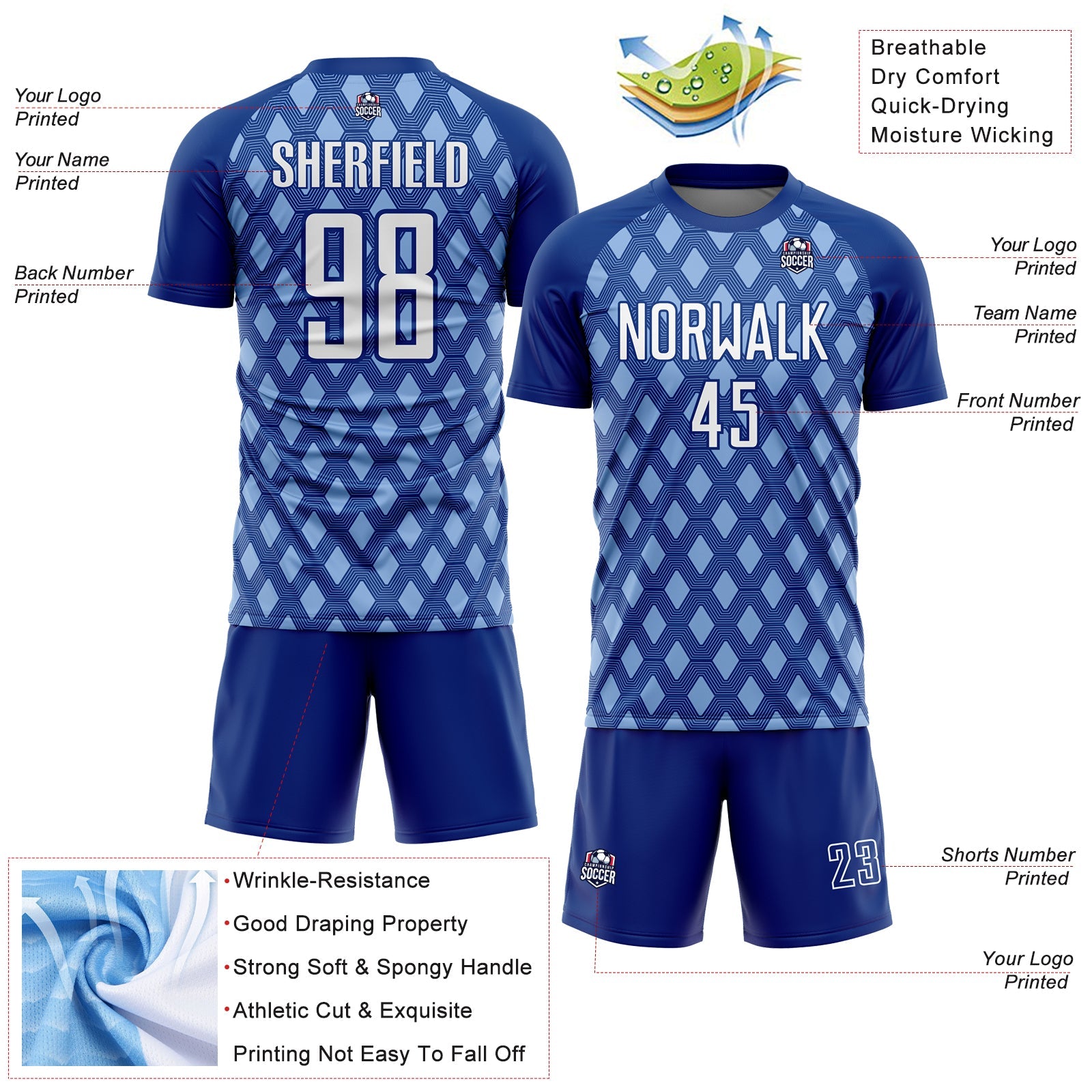 Custom Royal White-Light Blue Geometric Shape Sublimation Soccer Uniform Jersey - Sky-Custom