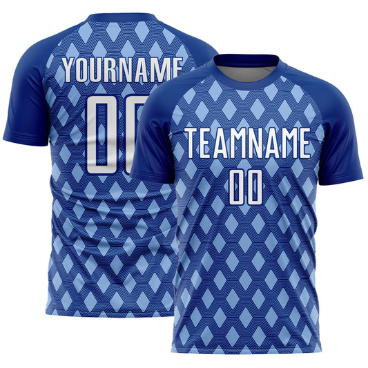 Custom Royal White-Light Blue Geometric Shape Sublimation Soccer Uniform Jersey - Sky-Custom