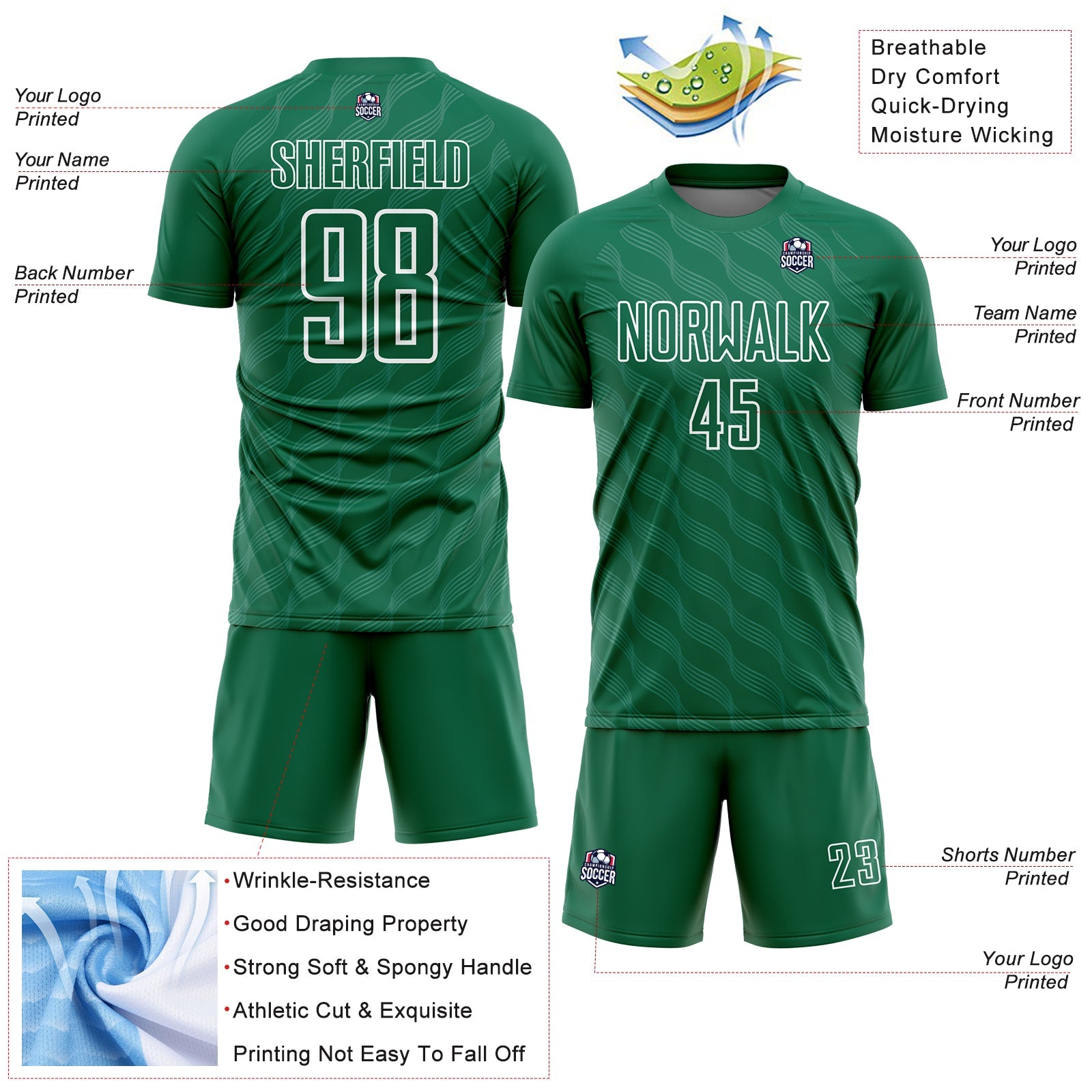 Custom Kelly Green White Waves Shape Sublimation Soccer Uniform Jersey - Sky-Custom