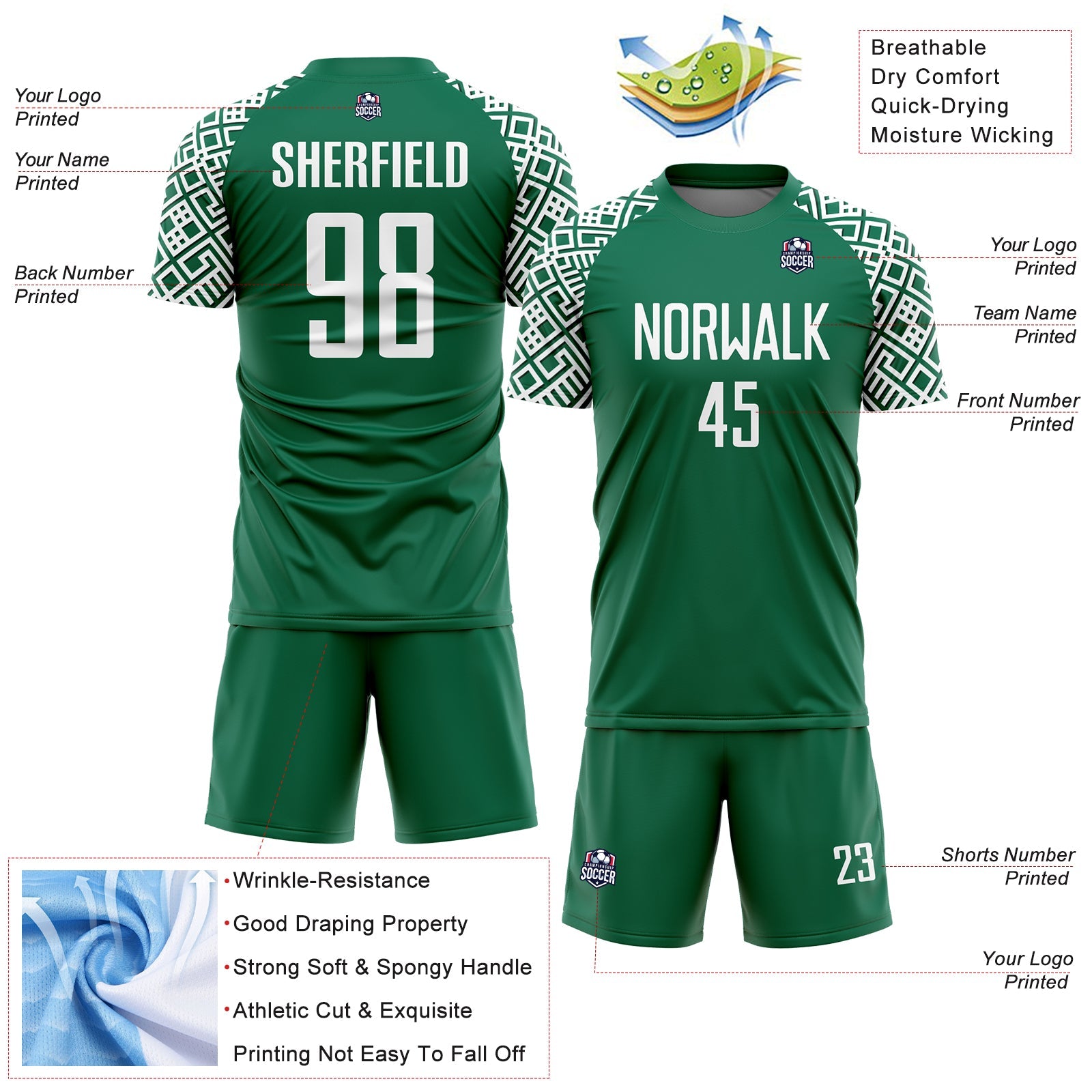 Custom Kelly Green White Geometric Shape Sublimation Soccer Uniform Jersey - Sky-Custom
