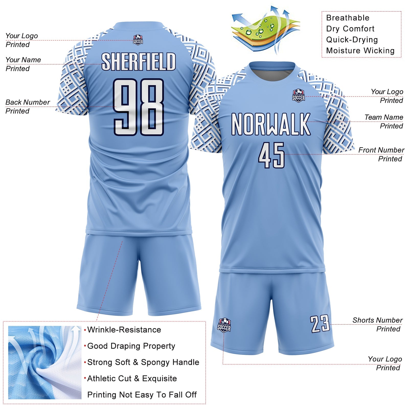 Custom Light Blue White-Navy Geometric Shape Sublimation Soccer Uniform Jersey - Sky-Custom
