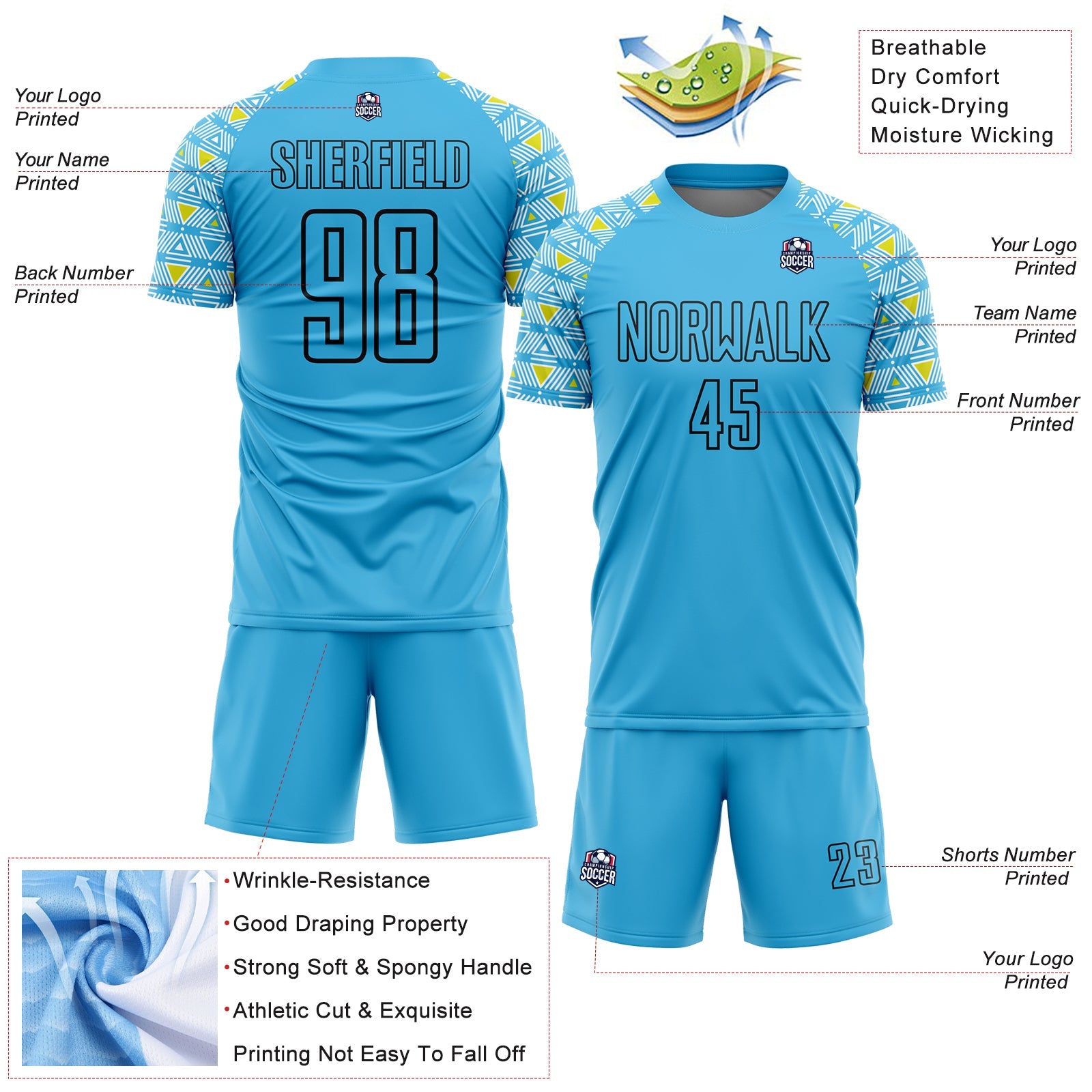 Custom Sky Blue Black Geometric Shape Sublimation Soccer Uniform Jersey - Sky-Custom