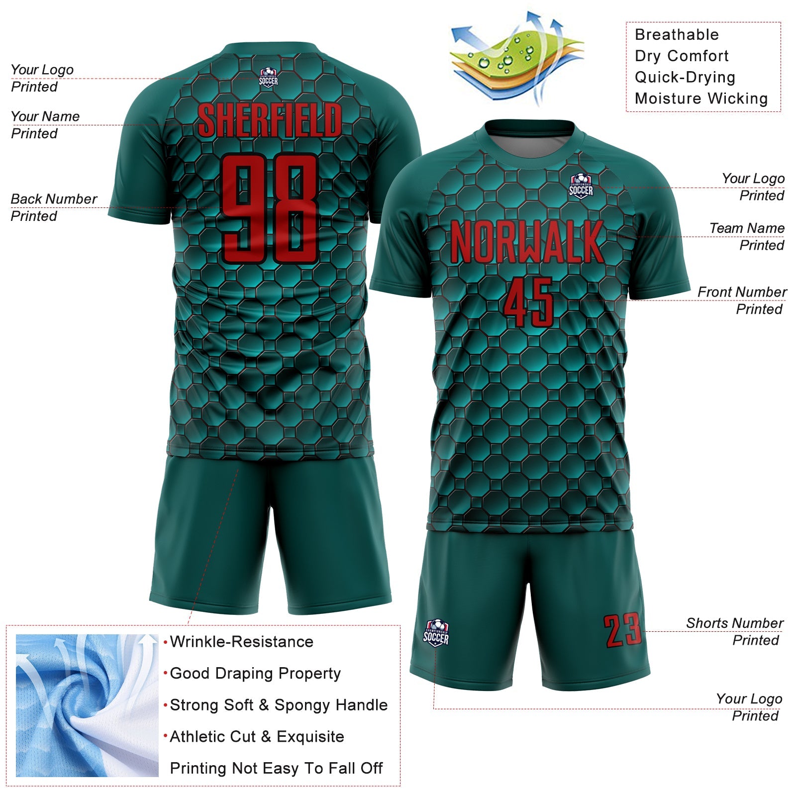 Custom Midnight Green Red-Black Geometric Shape Sublimation Soccer Uniform Jersey - Sky-Custom