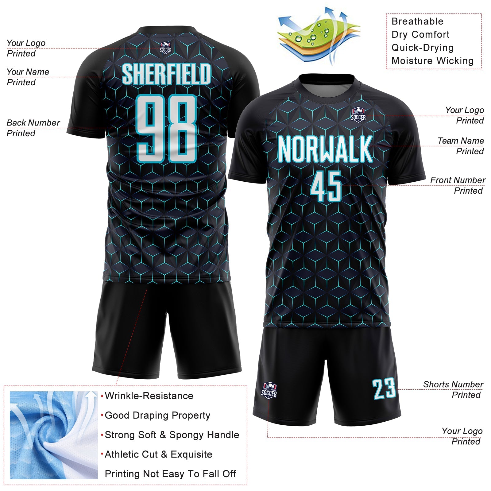 Custom Black White-Lakes Blue Geometric Shape Sublimation Soccer Uniform Jersey - Sky-Custom