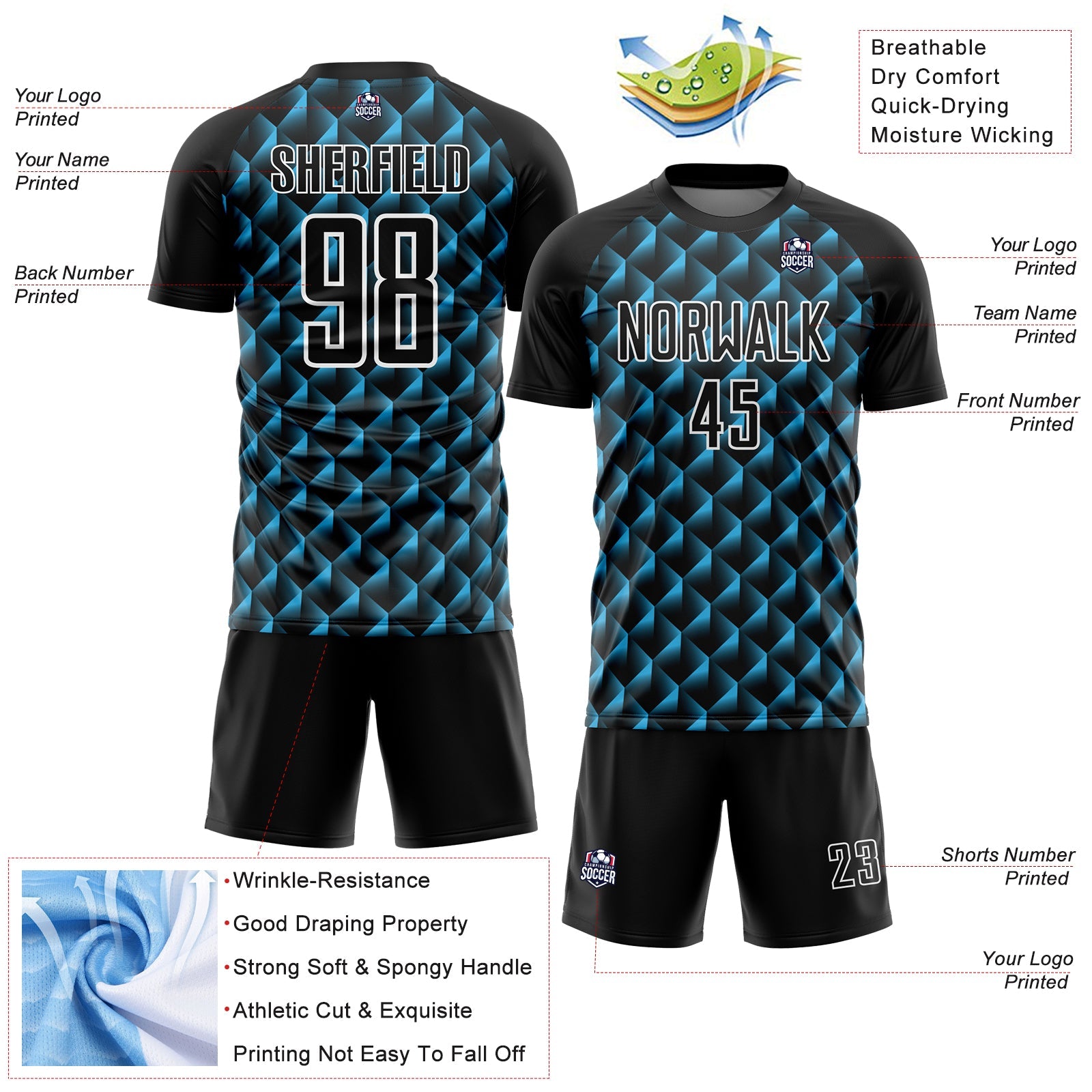 Custom Black Sky Blue-White Geometric Shape Sublimation Soccer Uniform Jersey - Sky-Custom