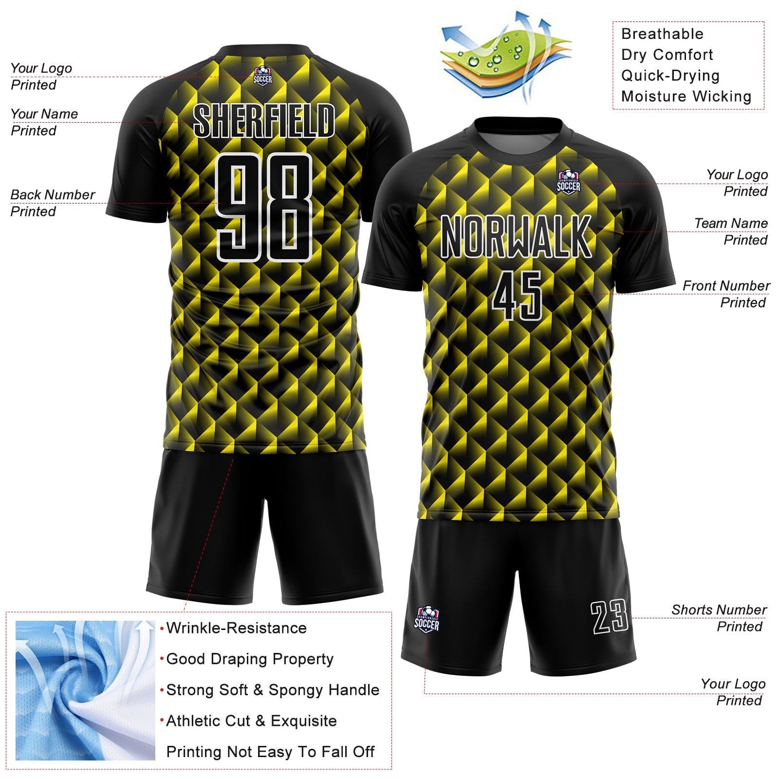 Custom Black Light Yellow-White Geometric Shape Sublimation Soccer Uniform Jersey - Sky-Custom