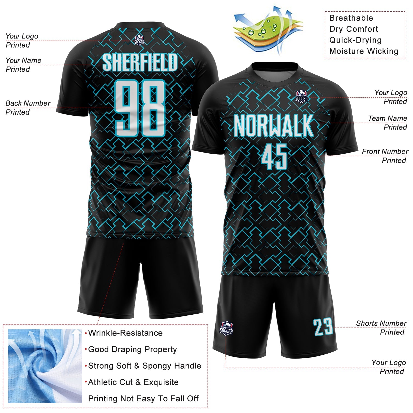 Custom Black White-Lakes Blue Geometric Shape Sublimation Soccer Uniform Jersey - Sky-Custom