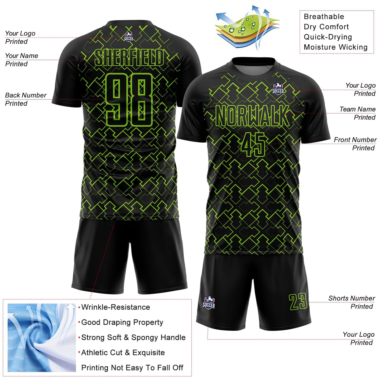 Custom Black Neon Green Geometric Shape Sublimation Soccer Uniform Jersey - Sky-Custom