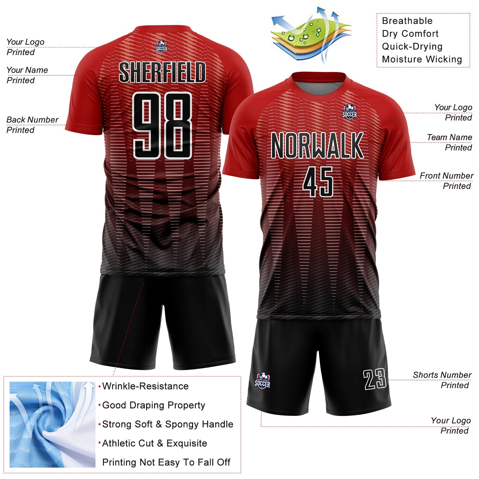 Custom Red Black-White Gradient Line Sublimation Soccer Uniform Jersey - Sky-Custom