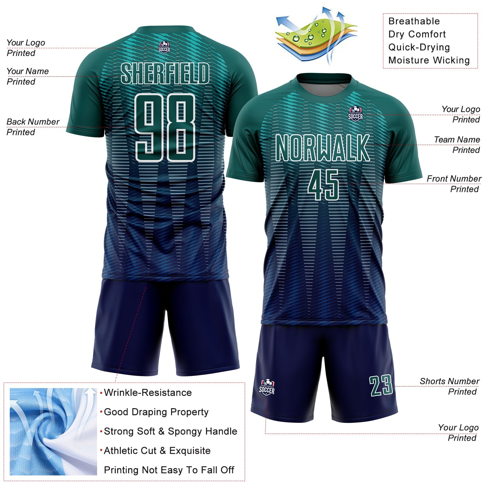 Custom Neon Green Navy-White Gradient Line Sublimation Soccer Uniform Jersey - Sky-Custom