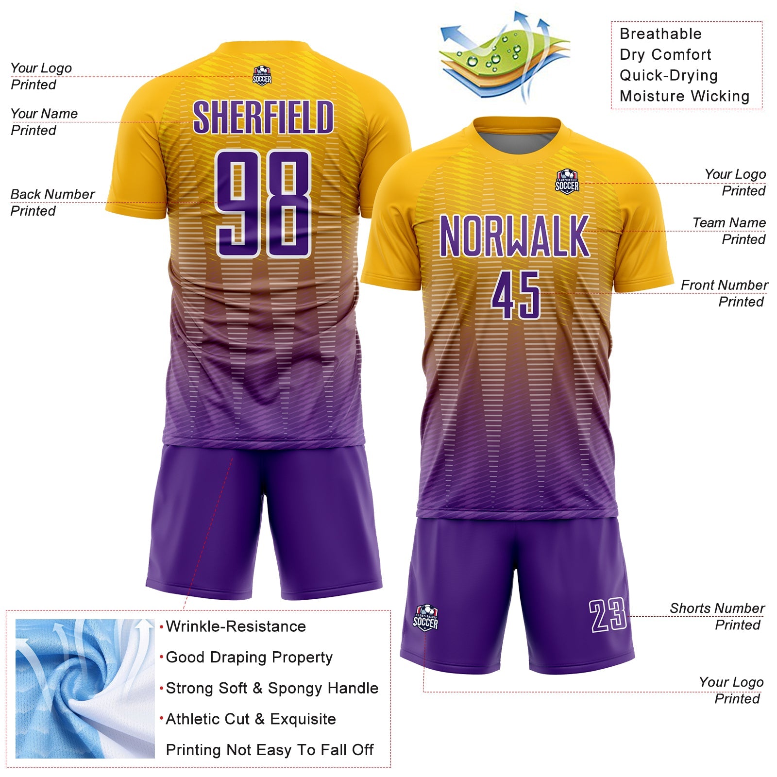 Custom Gold Purple-White Gradient Line Sublimation Soccer Uniform Jersey - Sky-Custom