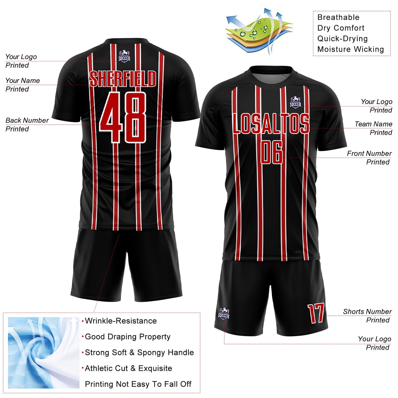 Custom Black Red-White Stripe Line Sublimation Soccer Uniform Jersey - Sky-Custom