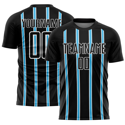 Custom Black Sky Blue-White Stripe Line Sublimation Soccer Uniform Jersey - Sky-Custom