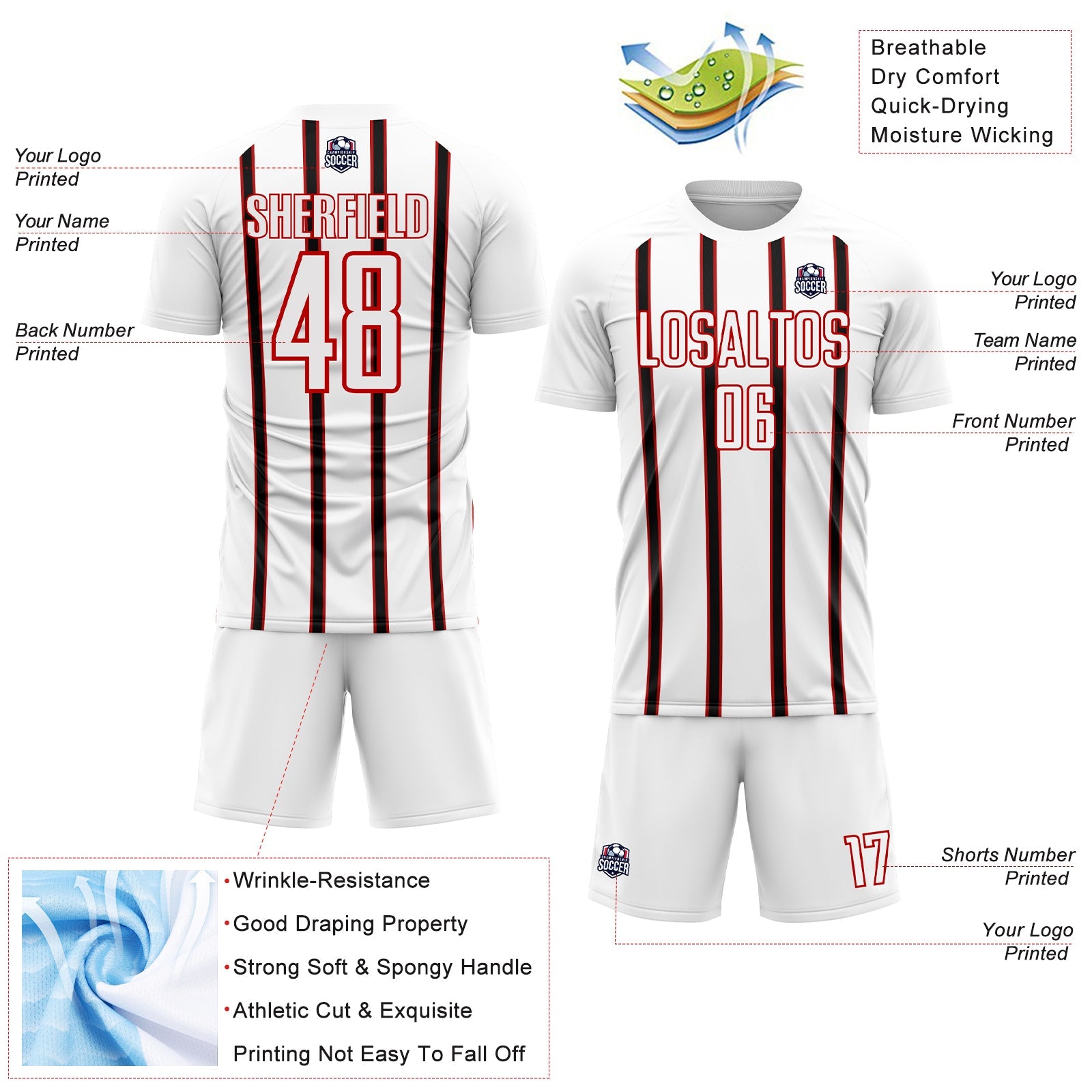 Custom White Black-Red Stripe Line Sublimation Soccer Uniform Jersey - Sky-Custom