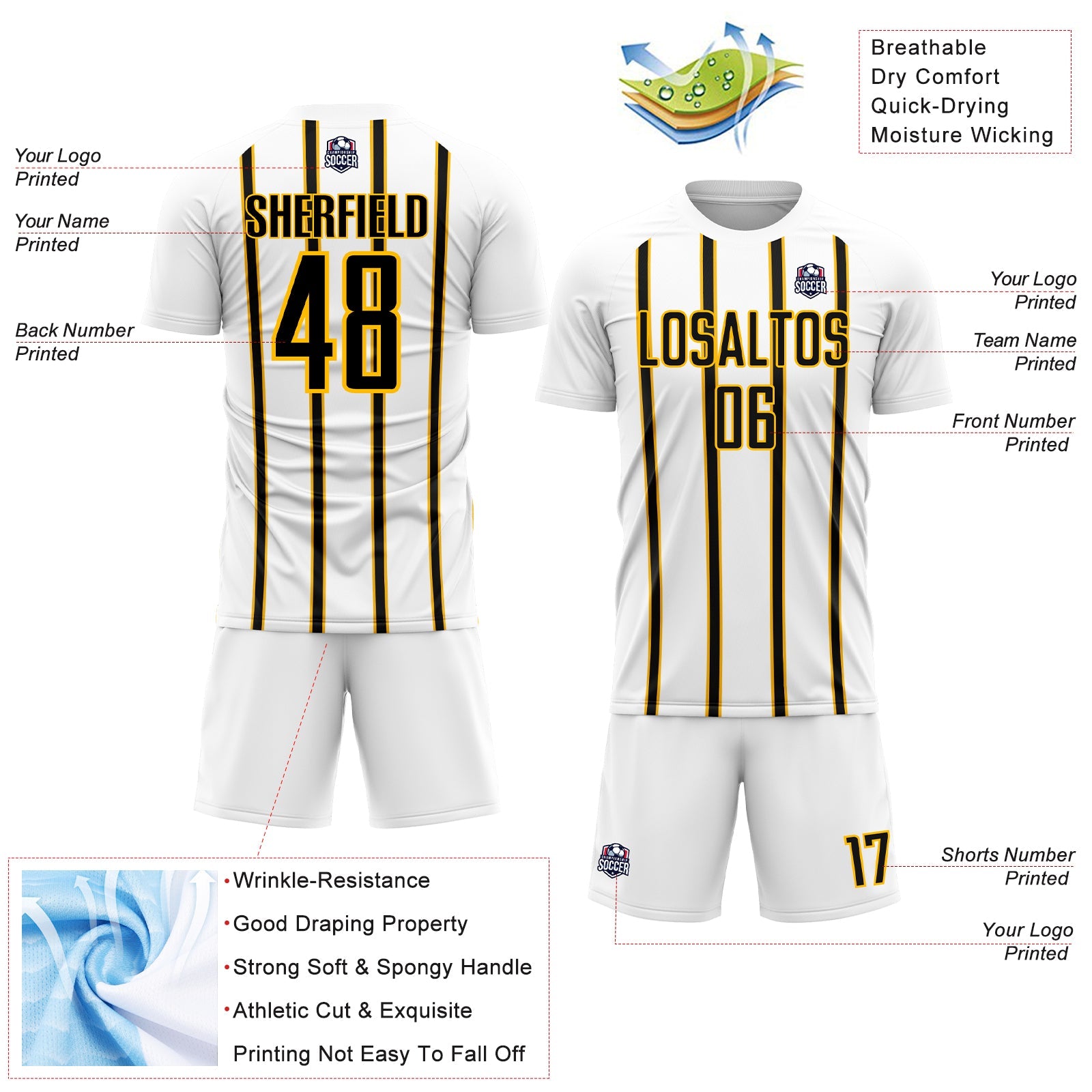Custom White Black-Gold Stripe Line Sublimation Soccer Uniform Jersey - Sky-Custom