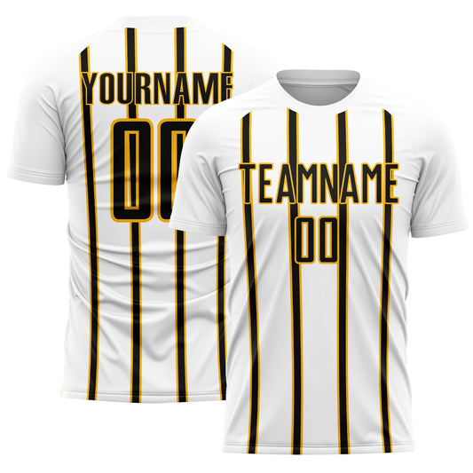 Custom White Black-Gold Stripe Line Sublimation Soccer Uniform Jersey - Sky-Custom