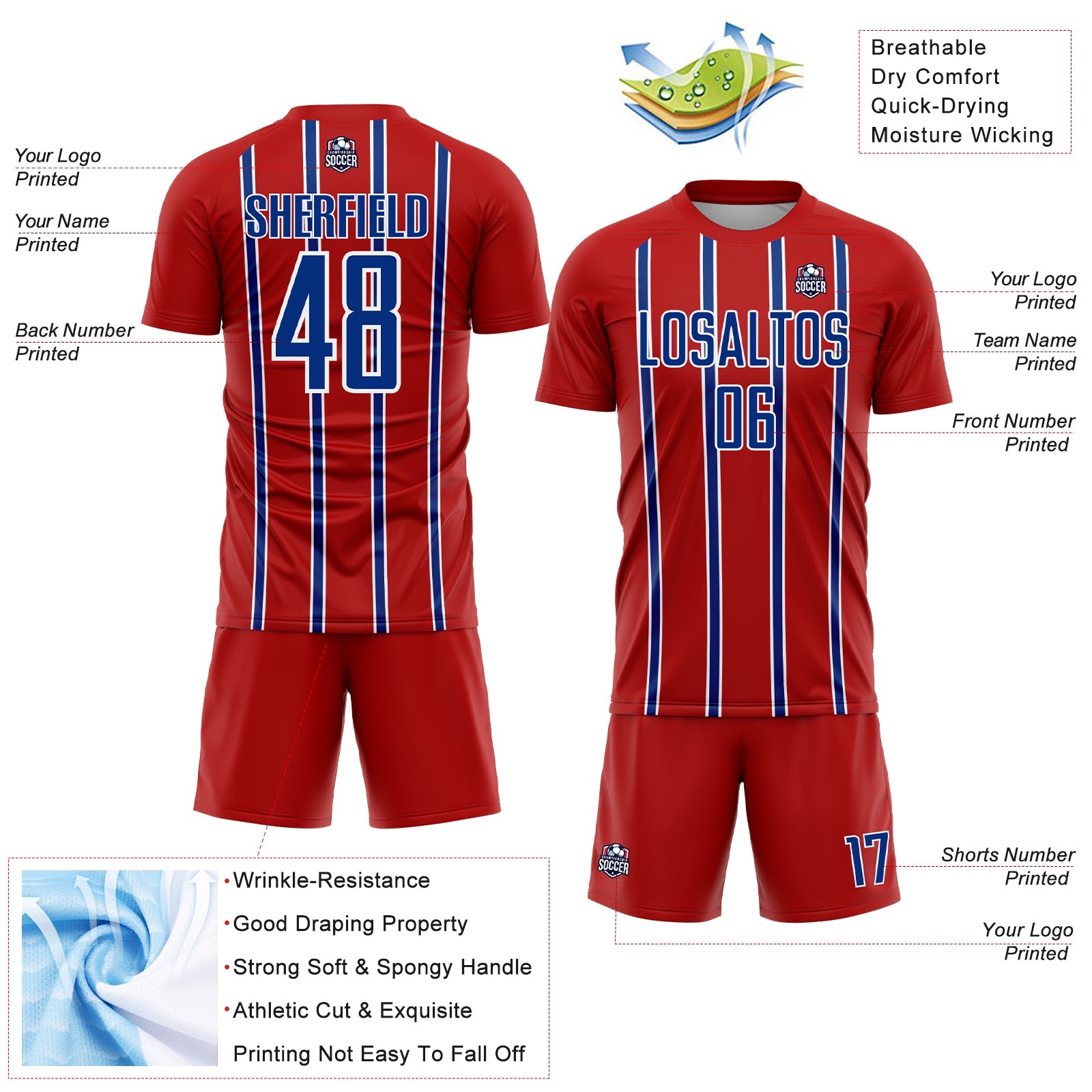 Custom Red Royal-White Stripe Line Sublimation Soccer Uniform Jersey - Sky-Custom