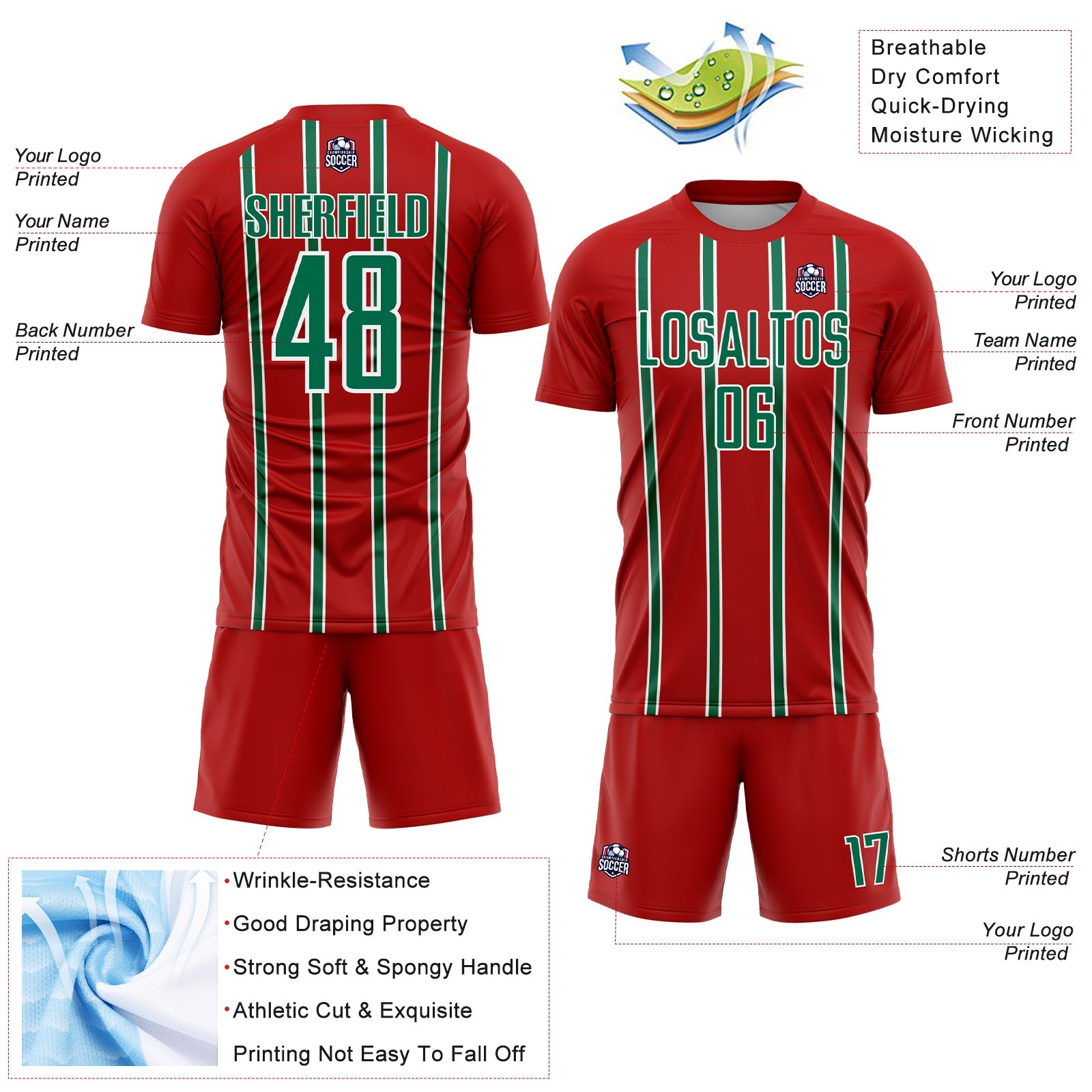 Custom Red Kelly Green-White Stripe Line Sublimation Soccer Uniform Jersey - Sky-Custom