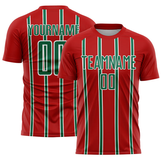 Custom Red Kelly Green-White Stripe Line Sublimation Soccer Uniform Jersey - Sky-Custom