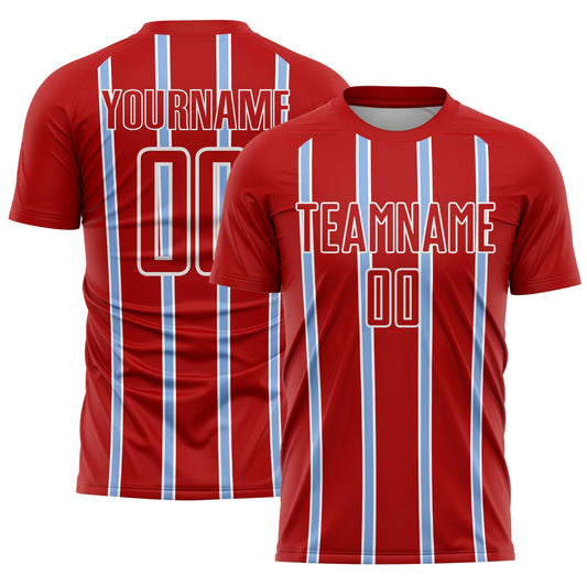 Custom Red Light Blue-White Stripe Line Sublimation Soccer Uniform Jersey - Sky-Custom