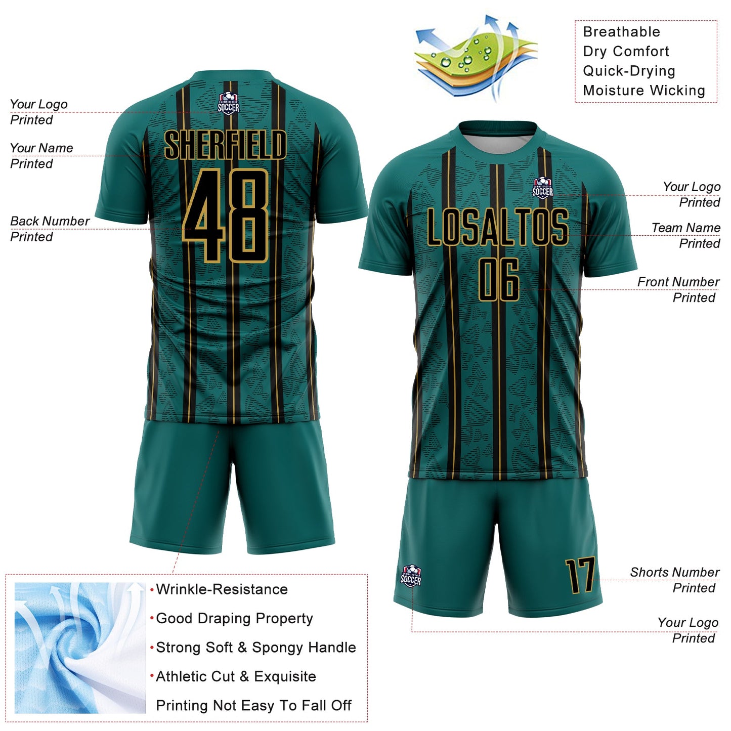 Custom Teal Black-Old Gold Stripe Line Sublimation Soccer Uniform Jersey - Sky-Custom