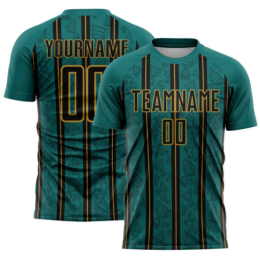 Custom Teal Black-Old Gold Stripe Line Sublimation Soccer Uniform Jersey - Sky-Custom