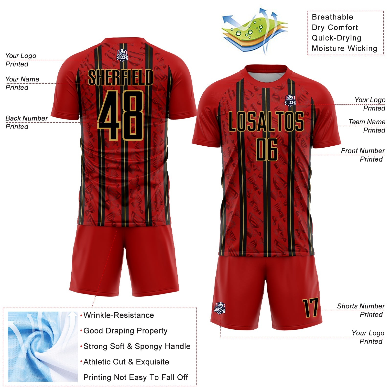 Custom Red Black-Old Gold Stripe Line Sublimation Soccer Uniform Jersey - Sky-Custom