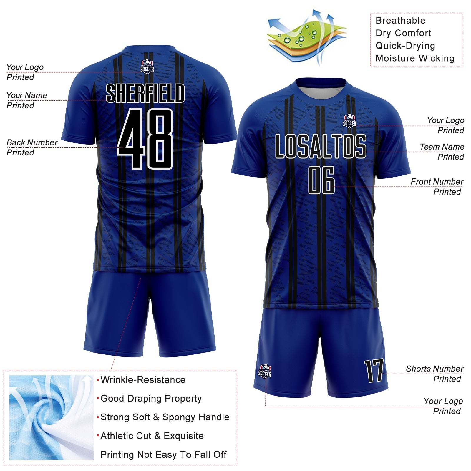 Custom Royal Black-White Stripe Line Sublimation Soccer Uniform Jersey - Sky-Custom