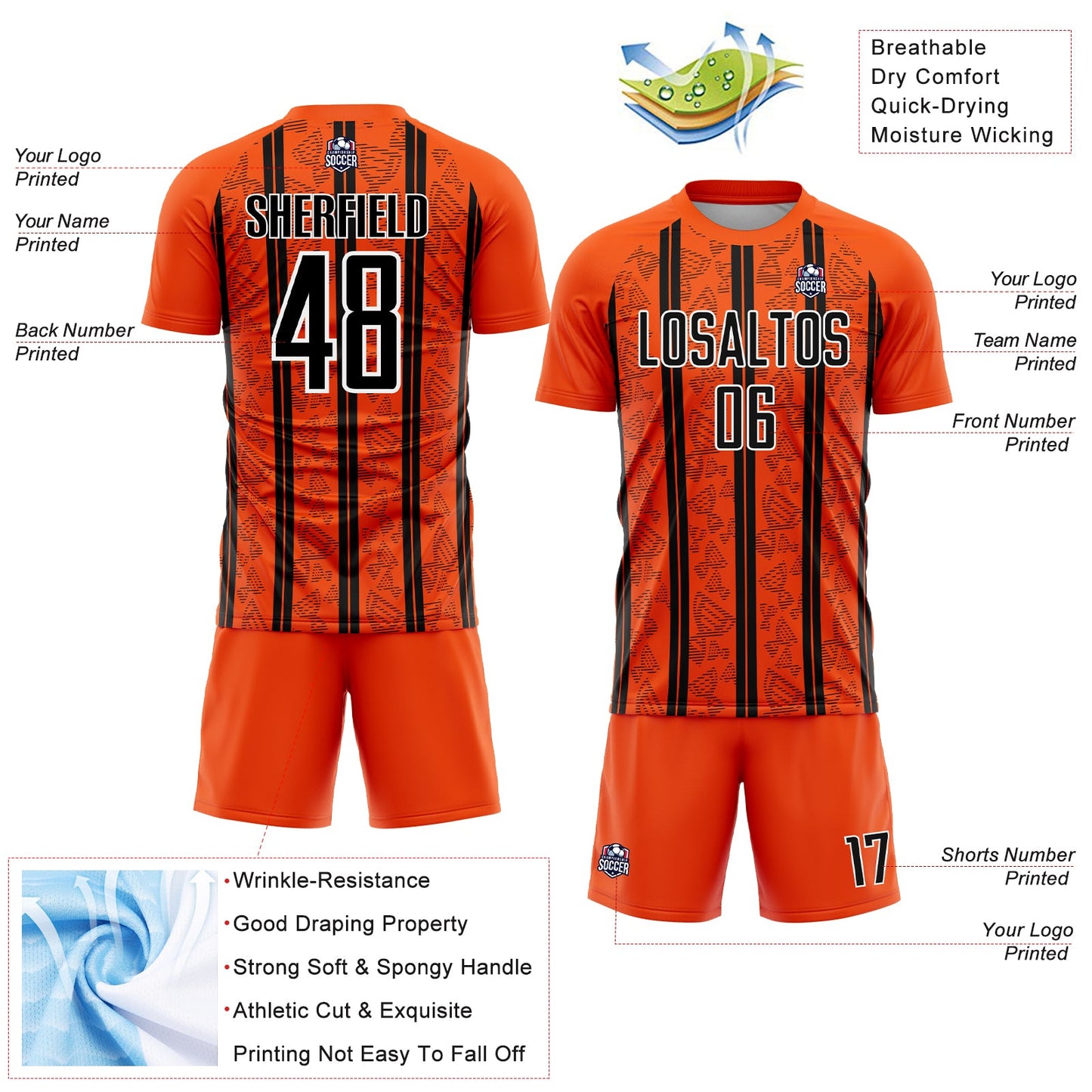Custom Orange Black-White Stripe Line Sublimation Soccer Uniform Jersey - Sky-Custom