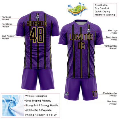 Custom Purple Black-Old Gold Stripe Line Sublimation Soccer Uniform Jersey - Sky-Custom