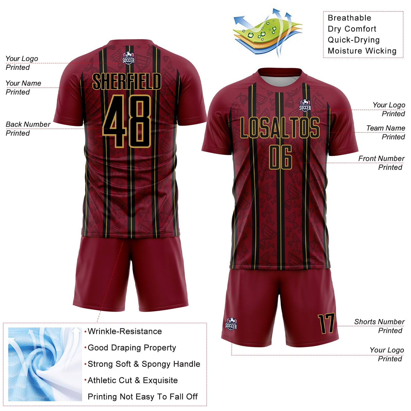 Custom Crimson Black-Old Gold Stripe Line Sublimation Soccer Uniform Jersey - Sky-Custom