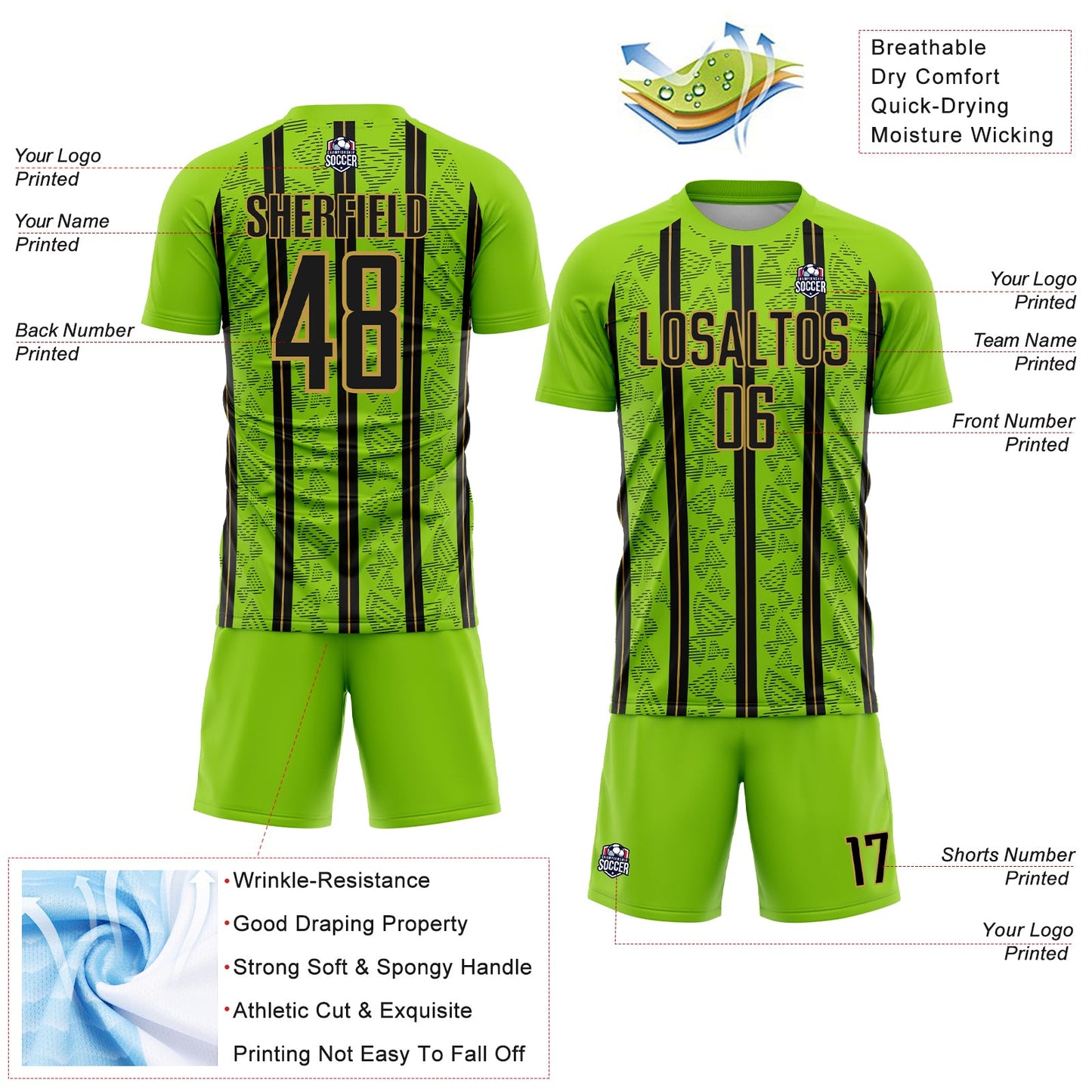 Custom Neon Green Black-Old Gold Stripe Line Sublimation Soccer Uniform Jersey - Sky-Custom