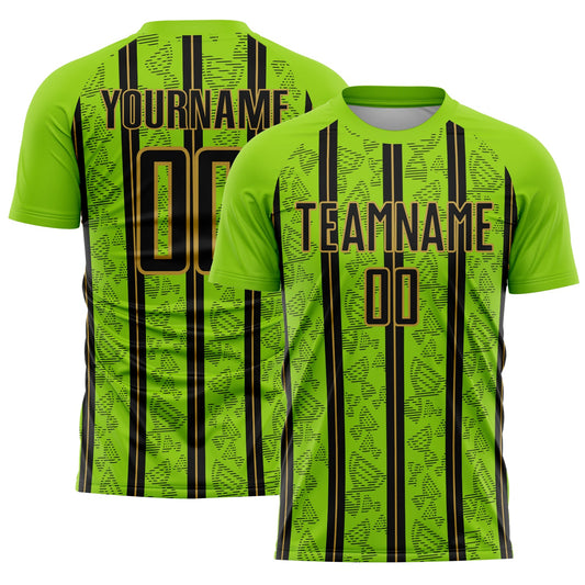 Custom Neon Green Black-Old Gold Stripe Line Sublimation Soccer Uniform Jersey - Sky-Custom