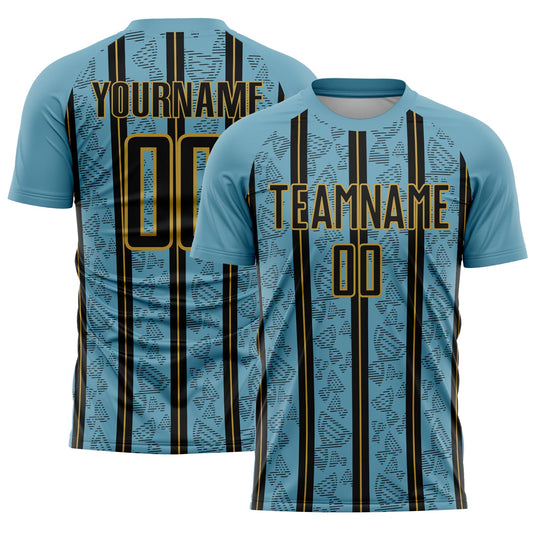 Custom Shadow Blue Black-Old Gold Stripe Line Sublimation Soccer Uniform Jersey - Sky-Custom