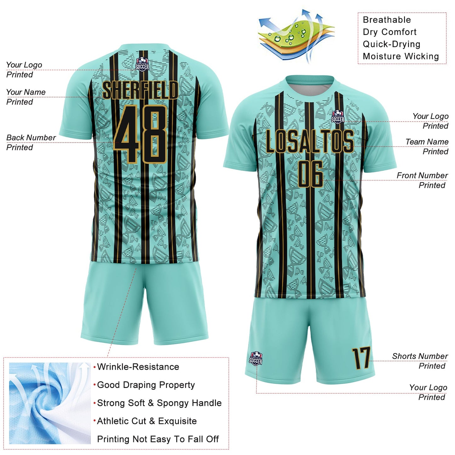 Custom Ice Blue Black-Old Gold Stripe Line Sublimation Soccer Uniform Jersey - Sky-Custom